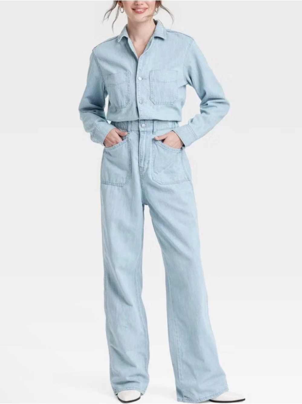 NWT Universal Thread Utility Denim Jumpsuit Light Wash Wide Leg Flight Suit - Picture 1 of 5